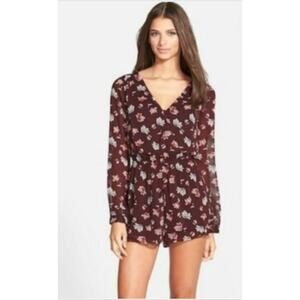 ASTR the Label Burgundy Floral Romper Long Sleeve V-Neck Boho Size M